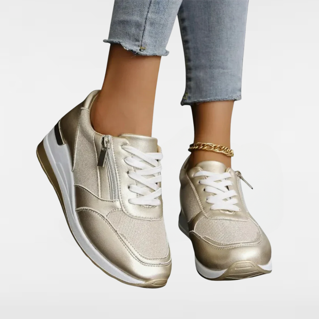 Jenny™ | Lace-Up Side-Zip Fashion Sneakers in Sparkly Silver and Gold