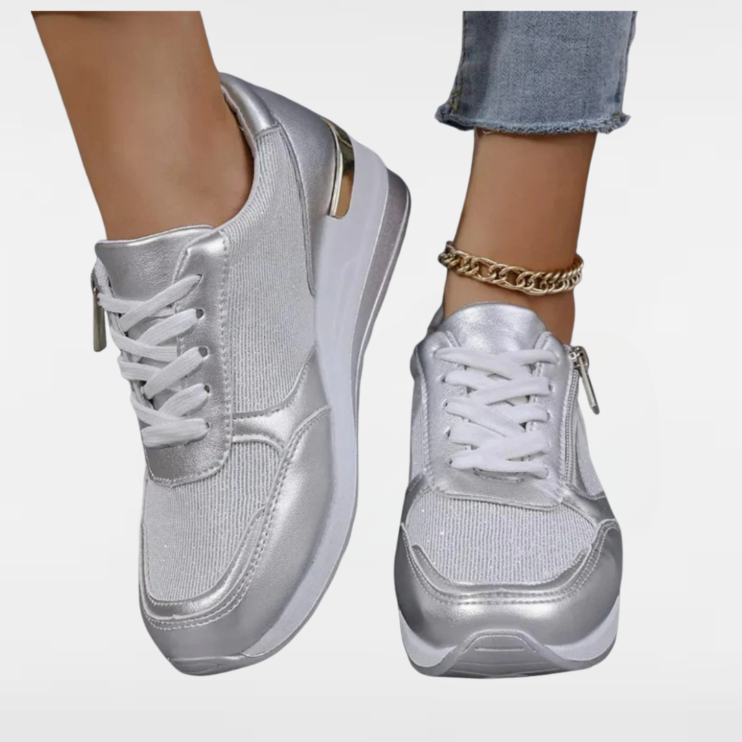 Jenny™ | Lace-Up Side-Zip Fashion Sneakers in Sparkly Silver and Gold